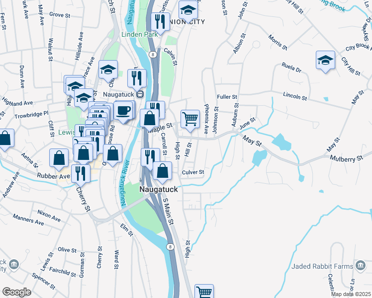 map of restaurants, bars, coffee shops, grocery stores, and more near 66 Hill Street in Naugatuck