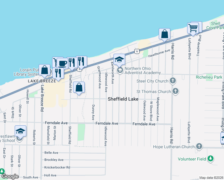 map of restaurants, bars, coffee shops, grocery stores, and more near 668 Hollywood Avenue in Sheffield Lake