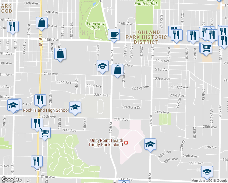 map of restaurants, bars, coffee shops, grocery stores, and more near 2215 17th Street in Rock Island