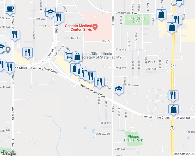 map of restaurants, bars, coffee shops, grocery stores, and more near 2113 7th Street in Silvis