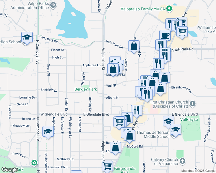 map of restaurants, bars, coffee shops, grocery stores, and more near 400 Wall Street in Valparaiso
