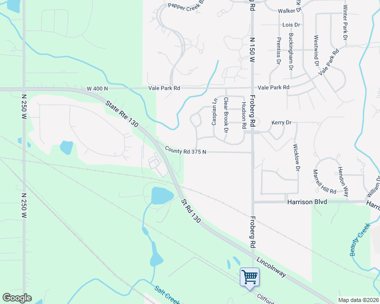 map of restaurants, bars, coffee shops, grocery stores, and more near County Road 375 North in Valparaiso