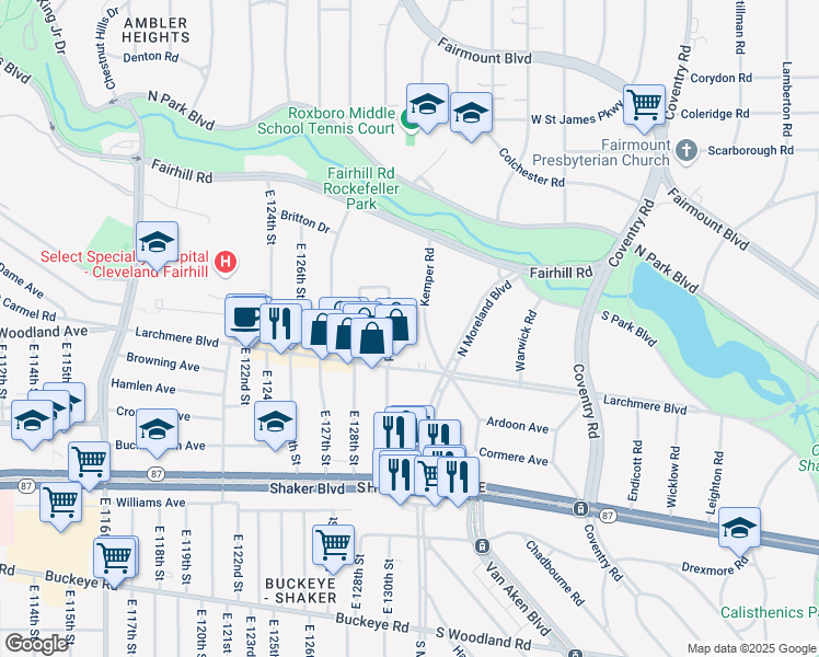 map of restaurants, bars, coffee shops, grocery stores, and more near 2566 Kemper Road in Shaker Heights