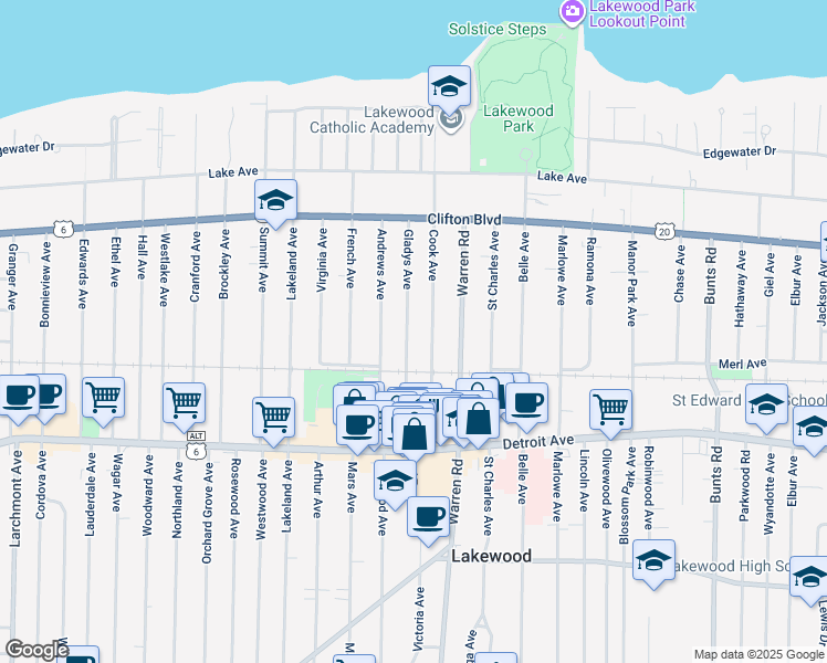 map of restaurants, bars, coffee shops, grocery stores, and more near 1275 Gladys Avenue in Lakewood