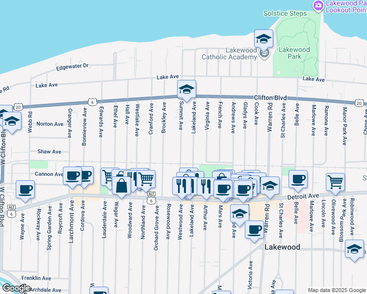 map of restaurants, bars, coffee shops, grocery stores, and more near 1279 Summit Avenue in Lakewood