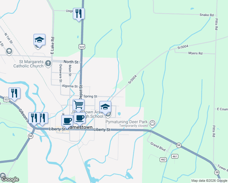 map of restaurants, bars, coffee shops, grocery stores, and more near 522 Spring Street in Jamestown