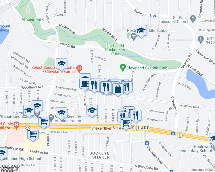 map of restaurants, bars, coffee shops, grocery stores, and more near Mt Overlook Ave & E 127th St in Cleveland