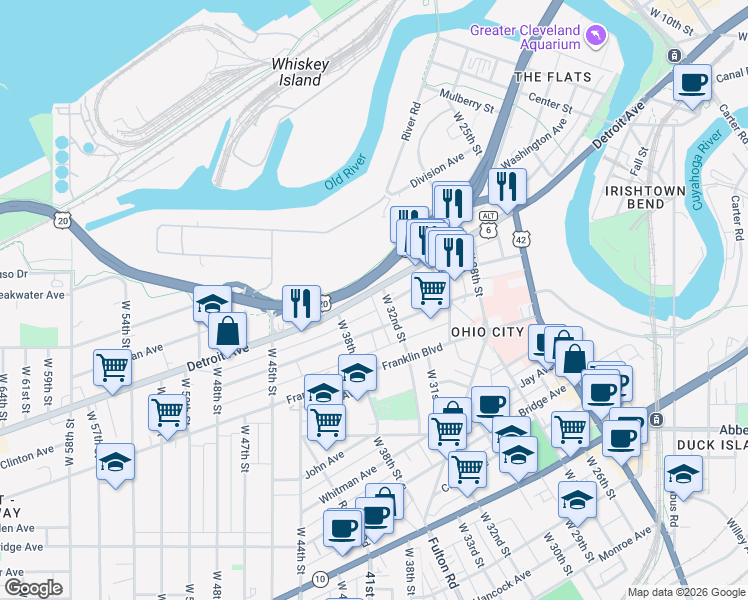 map of restaurants, bars, coffee shops, grocery stores, and more near 3501 Detroit Avenue in Cleveland