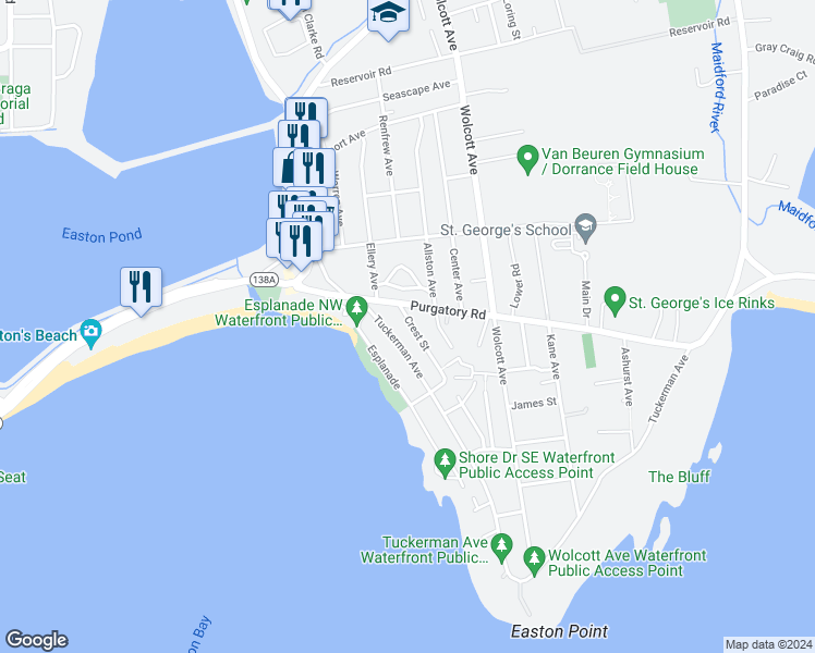 map of restaurants, bars, coffee shops, grocery stores, and more near 25 Crest Street in Middletown