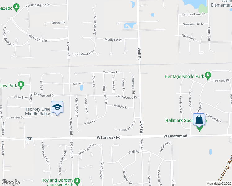 map of restaurants, bars, coffee shops, grocery stores, and more near 22093 Coriander Lane in Frankfort