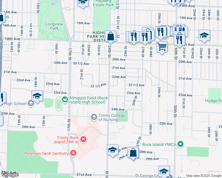map of restaurants, bars, coffee shops, grocery stores, and more near 2237 24th Street in Rock Island