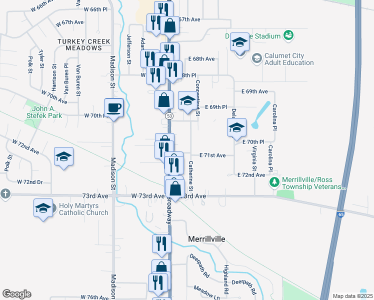 map of restaurants, bars, coffee shops, grocery stores, and more near 7090 Catherine Street in Merrillville