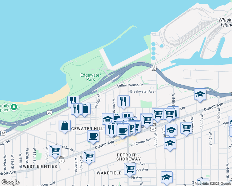 map of restaurants, bars, coffee shops, grocery stores, and more near 1215 West 69th Street in Cleveland