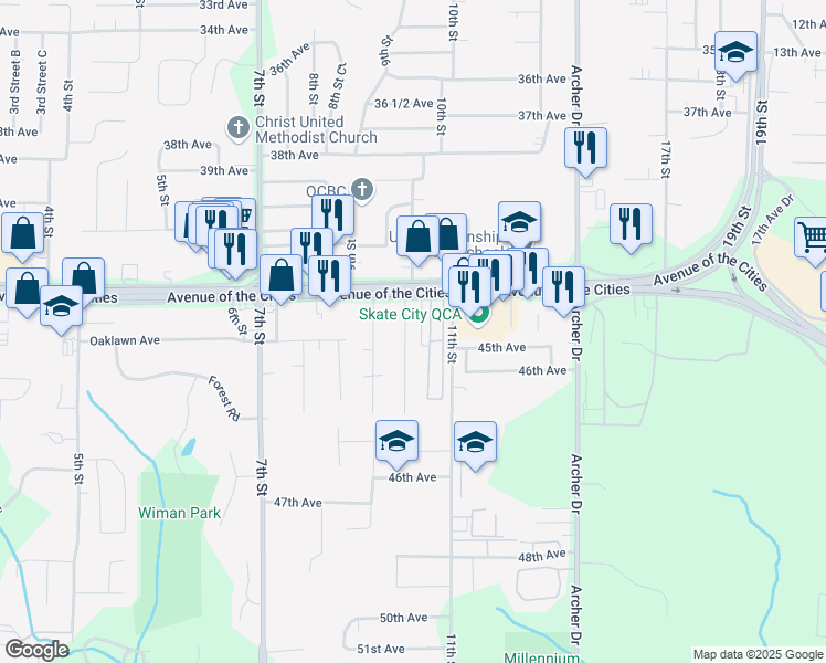 map of restaurants, bars, coffee shops, grocery stores, and more near 4238 10th Street in East Moline