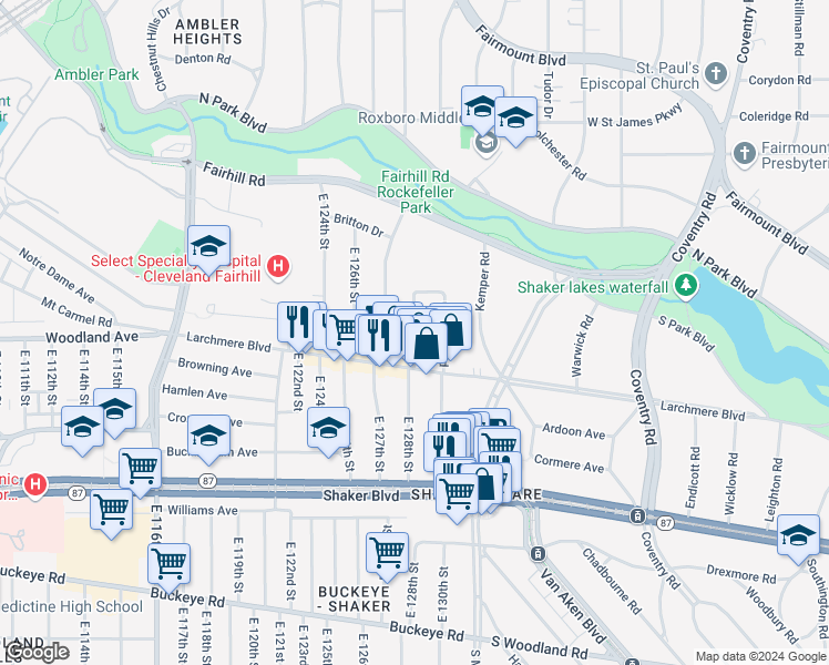 map of restaurants, bars, coffee shops, grocery stores, and more near 2567 Kendall Road in Shaker Heights
