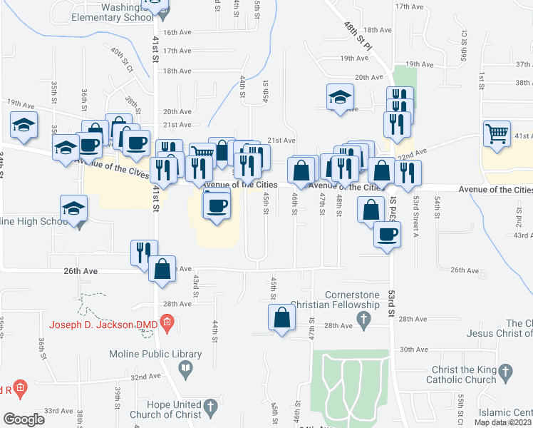 map of restaurants, bars, coffee shops, grocery stores, and more near 2316 45th Street in Moline