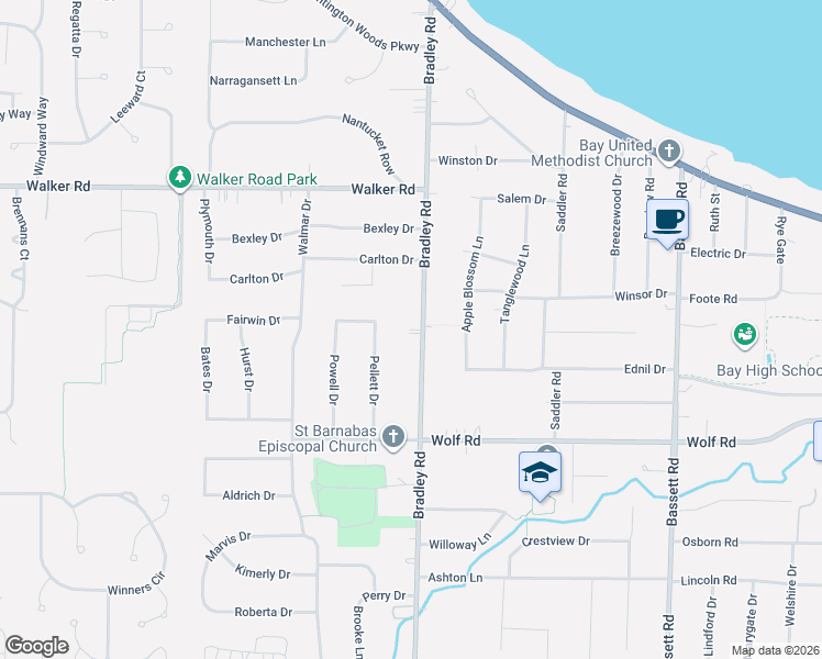 map of restaurants, bars, coffee shops, grocery stores, and more near in Bay Village