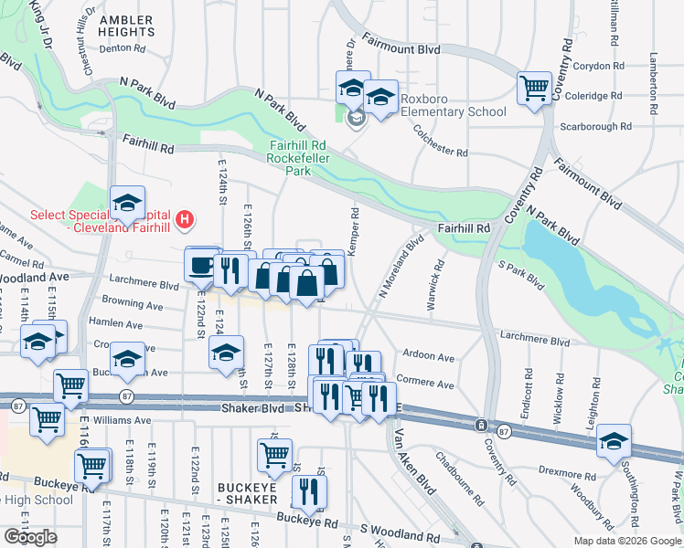 map of restaurants, bars, coffee shops, grocery stores, and more near 2566 Kemper Road in Shaker Heights