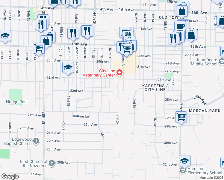 map of restaurants, bars, coffee shops, grocery stores, and more near 4521 23rd Avenue in Rock Island