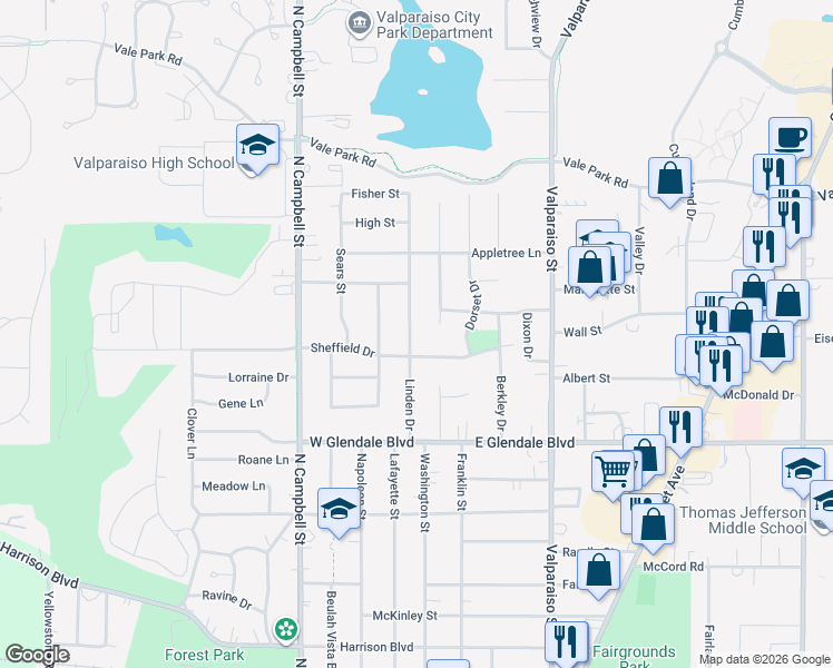 map of restaurants, bars, coffee shops, grocery stores, and more near 2206 Linden Drive in Valparaiso