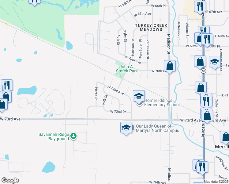 map of restaurants, bars, coffee shops, grocery stores, and more near 913 West 72nd Avenue in Merrillville