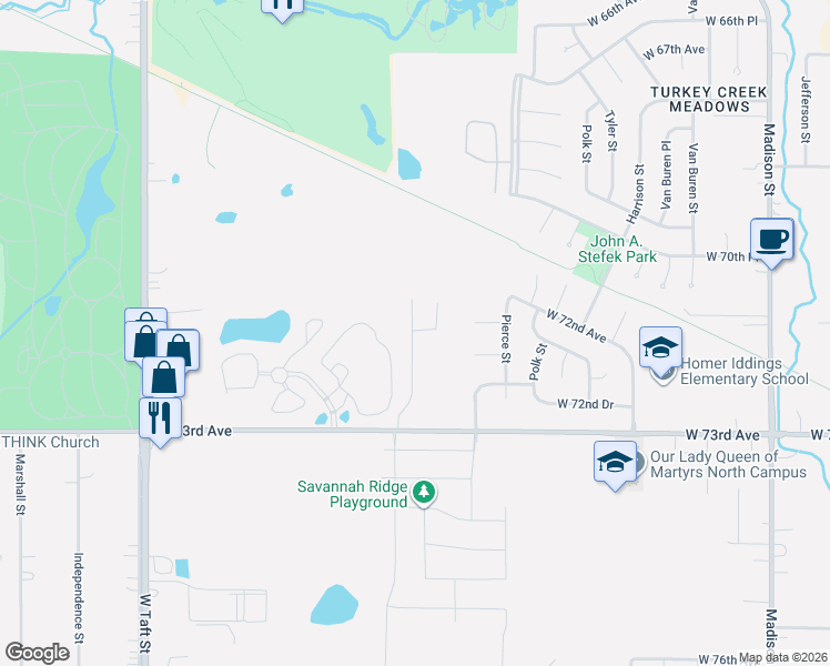 map of restaurants, bars, coffee shops, grocery stores, and more near 1350 West 73rd Avenue in Merrillville