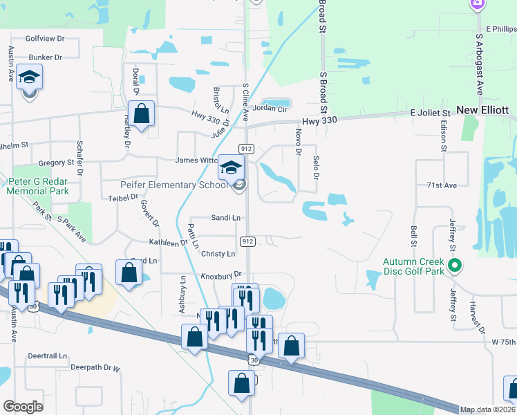 map of restaurants, bars, coffee shops, grocery stores, and more near 1900-2052 Cline Avenue in Schererville