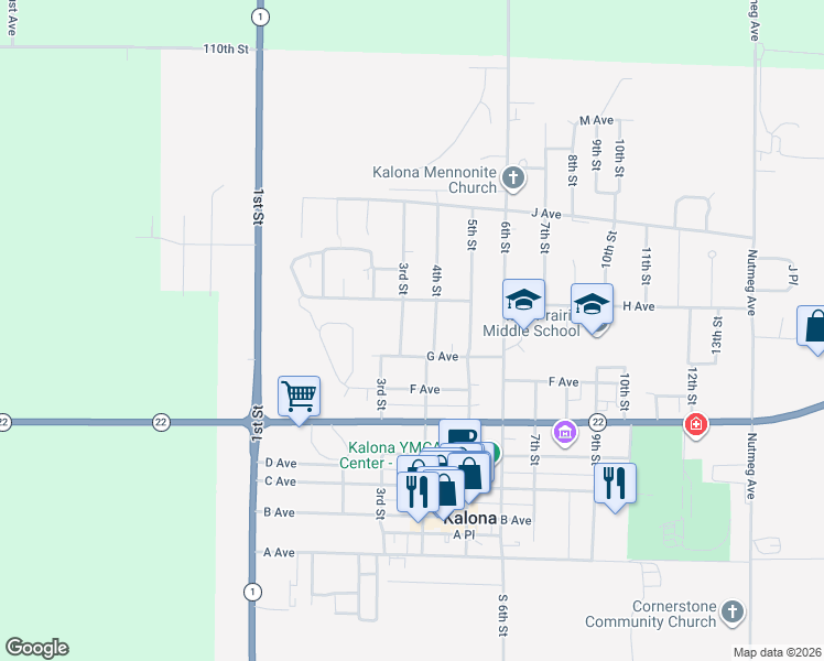 map of restaurants, bars, coffee shops, grocery stores, and more near 708-714 3rd Street in Kalona