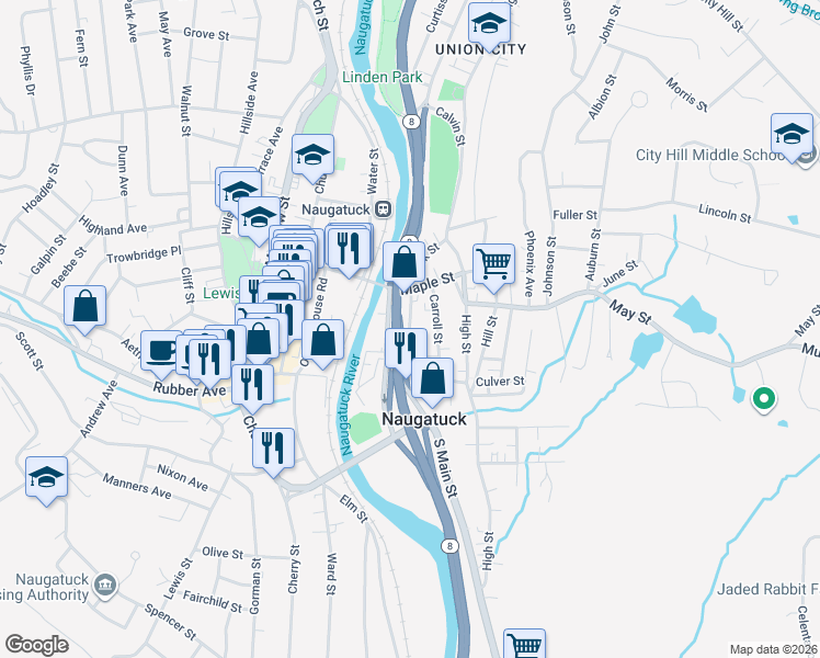 map of restaurants, bars, coffee shops, grocery stores, and more near 28 Central Avenue in Naugatuck