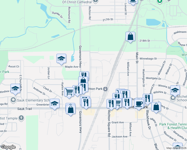 map of restaurants, bars, coffee shops, grocery stores, and more near 3011 Richton Place in Richton Park