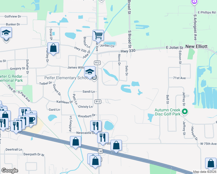 map of restaurants, bars, coffee shops, grocery stores, and more near 829 Appletree Drive in Schererville