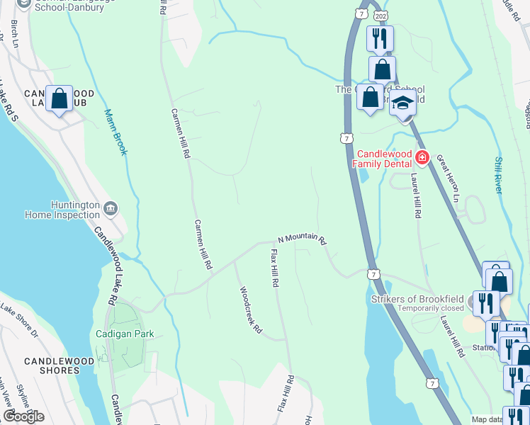 map of restaurants, bars, coffee shops, grocery stores, and more near 44 North Mountain Road in Brookfield