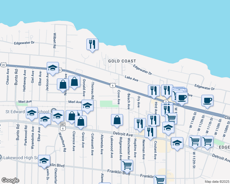 map of restaurants, bars, coffee shops, grocery stores, and more near 12511 Clifton Boulevard in Lakewood