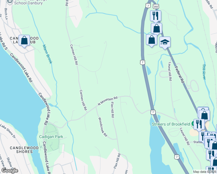 map of restaurants, bars, coffee shops, grocery stores, and more near 44 North Mountain Road in Brookfield