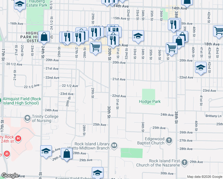 map of restaurants, bars, coffee shops, grocery stores, and more near 2139 30th Street in Rock Island