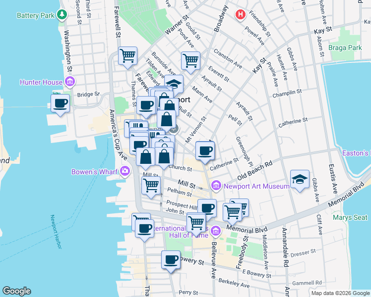 map of restaurants, bars, coffee shops, grocery stores, and more near 2 High Street in Newport