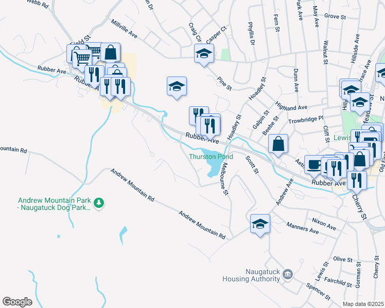 map of restaurants, bars, coffee shops, grocery stores, and more near 16 North Circle in Naugatuck