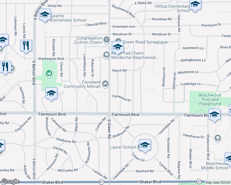 map of restaurants, bars, coffee shops, grocery stores, and more near 2612 Larchmont Road in Beachwood