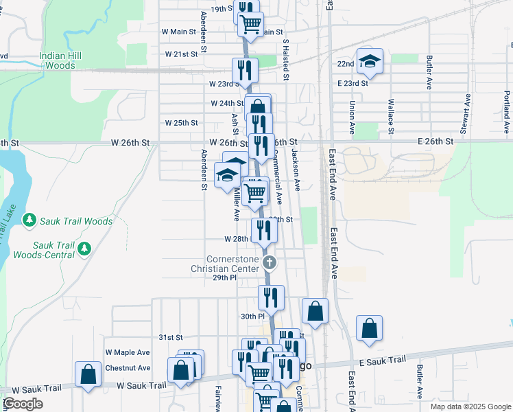 map of restaurants, bars, coffee shops, grocery stores, and more near 2730 Chicago Road in South Chicago Heights