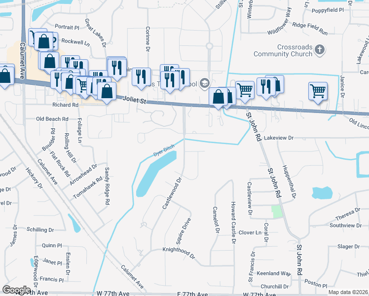 map of restaurants, bars, coffee shops, grocery stores, and more near 2416 Castlewood Drive in Dyer