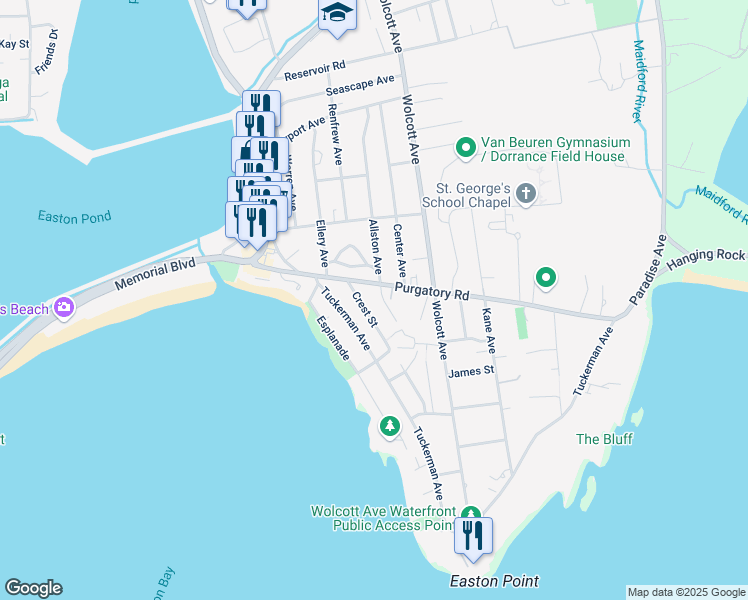 map of restaurants, bars, coffee shops, grocery stores, and more near 25 Crest Street in Middletown