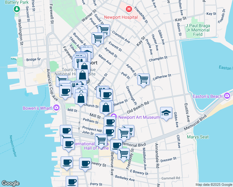 map of restaurants, bars, coffee shops, grocery stores, and more near 15 Brinley Street in Newport