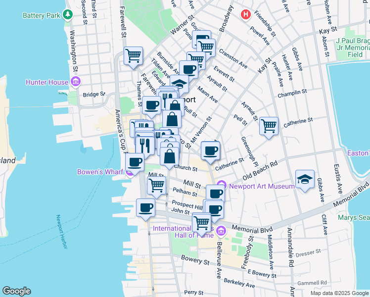 map of restaurants, bars, coffee shops, grocery stores, and more near 20 School Street in Newport