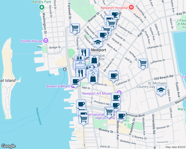 map of restaurants, bars, coffee shops, grocery stores, and more near 41 Mary Street in Newport