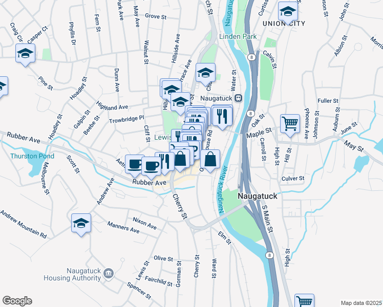 map of restaurants, bars, coffee shops, grocery stores, and more near 86 Church Street in Naugatuck