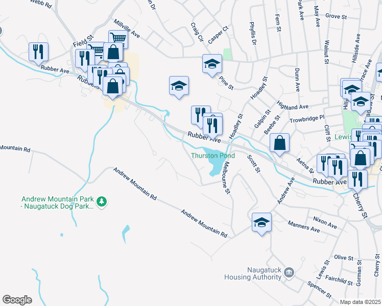 map of restaurants, bars, coffee shops, grocery stores, and more near 16 North Circle in Naugatuck