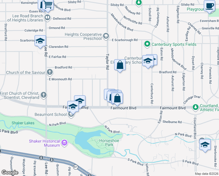 map of restaurants, bars, coffee shops, grocery stores, and more near 2610 South Taylor Road in Cleveland Heights