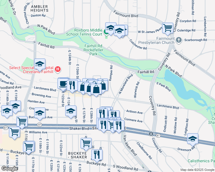 map of restaurants, bars, coffee shops, grocery stores, and more near 2566 Kemper Road in Shaker Heights