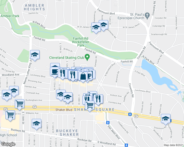 map of restaurants, bars, coffee shops, grocery stores, and more near 2566 Kemper Road in Shaker Heights