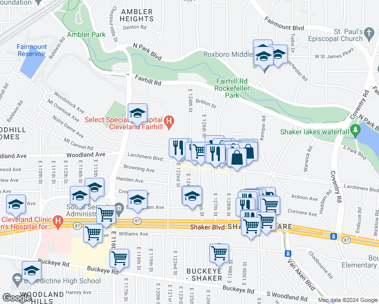 map of restaurants, bars, coffee shops, grocery stores, and more near 12206 Larchmere Boulevard in Cleveland